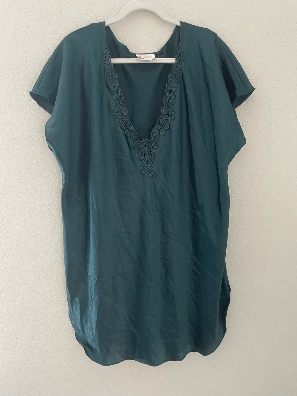 Vintage 80s Style Slip Pajama Shirt Satin Emerald Green Mini Dress Made in USA
